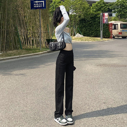 Women's High-Waisted Black Straight-Leg Jeans, New for Autumn 2025, Stretchy, Extended Length, Slightly Flared, Slimming Wide-Leg Pants