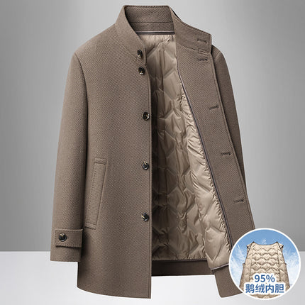 Woolen Outwear Men's Autumn and Winter Mid-Length Business Stand-Up Collar Removable 95 Goose down Liner Double-Sided Woolen Warm Jacket