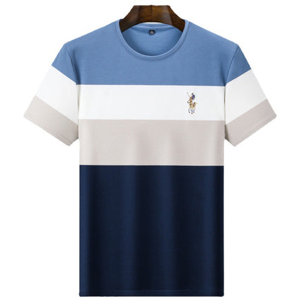 Mingdi Mouse Men's Summer New Pure Cotton T-Shirt Round Neck Stripesd Business Casual Short-Sleeved Young and Middle-Aged Men's T-Shirt