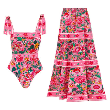 2024 European and American Swimwear Bow Tie Resort Style Floral One-Piece Swimsuit Suit Women's Cross-Border Hot Style 25231