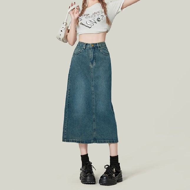 Split Denim Skirt Women's 2025 All-match New Arrival light blue A- Line Skirt Small Slimming Mid-length Hip Skirt
