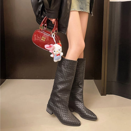 Niche Woven Plaid High Boots for Women 2025 New Pointed Toe Thick Heel Over-The-Knee Boots Large Size Western Knight Boots