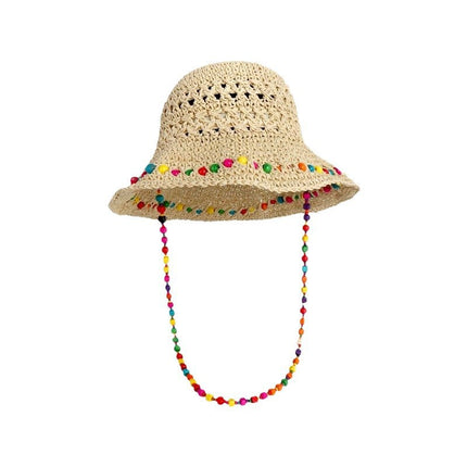 Hyun Ya Style Color Wooden Beads Straw Hat Women's Summer Hollow-out Big Brim Sunshade Sunscreen Hat Foldable Fisherman's Hat Trendy