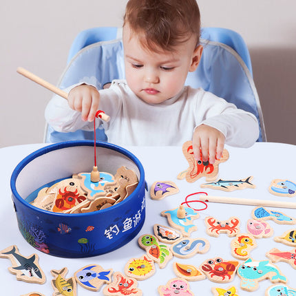 Magnetic Wooden Barrel Marine Fishing Toy Children's Early Education Educational Cognitive Fun Boys and Girls Parent-Child Games