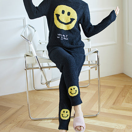 Japanese Style Soft Smiley Pajamas Women's Winter Half-side Velvet Thickened Warm Pajamas Cute Loose Home Clothes Set