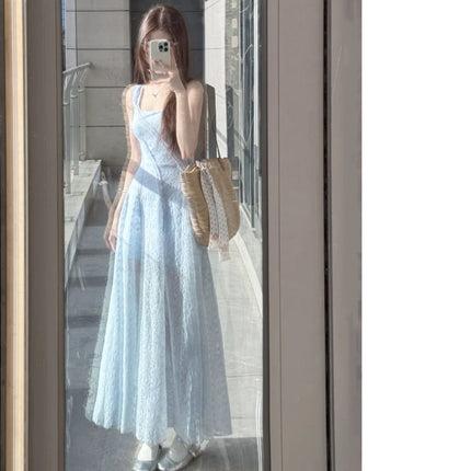 French Blue Square Neck Suspender Dress for Women Summer Seaside Vacation Elegant High-End Waist Slimming Fluffy Long Skirt