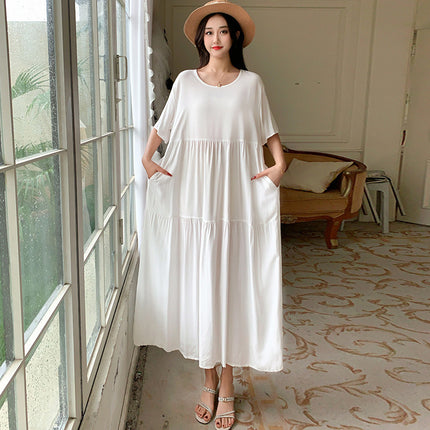 Solid Color Loose-Fitting Plus-Size Maternity Dress, Rayon Beach Dress, Short-Sleeved Long Skirt with a Large Hem