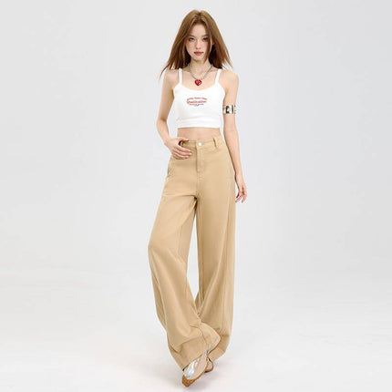 High-Waisted Casual Jeans with Belt, Simple Versatile Fashion Wide-Leg Floor-Length Pants for Women