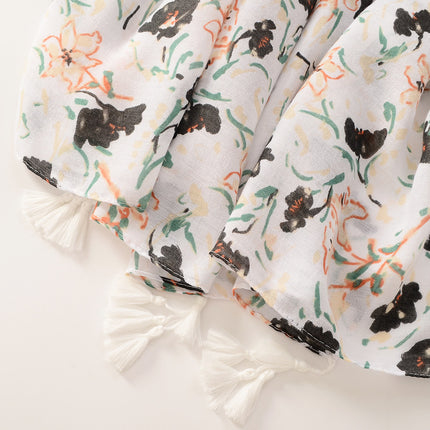 Ethnic Style Simple Elegant Artistic Ink Painting Flower Soft Beach Towel Cotton Linen Hand Scarf Air-Conditioned Room Decorative Shawl