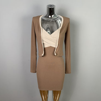 Han Li Dongdaemun Slim-fit Sexy Figure Contrast Color Bag Hip Sling Skirt Long Sleeve Cardigan Two-piece Suit for Women