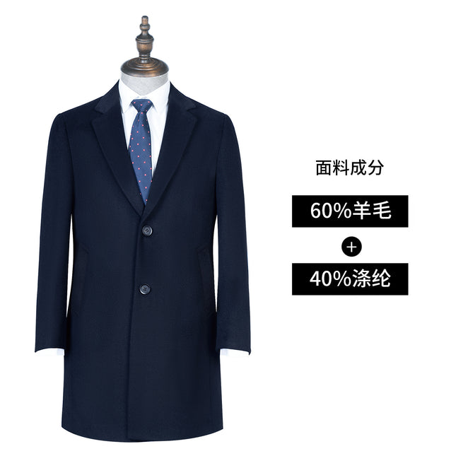 Woolen Outwear Men's Autumn and Winter Mid-Length Navy Blue Professional Formal Single-Breasted Wool Outwear Woolen Outwear