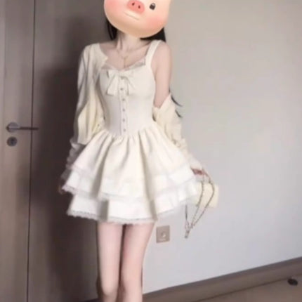French Sweet Unique Super Good-looking Cardigan Coat Puffy Cake dress Two-piece Set for Small Spring and Autumn Wear