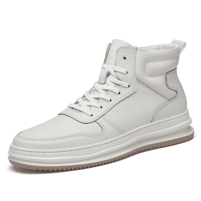 2025 Autumn and Winter Men's High-Top Sneakers, First-Layer Cowhide British Style, Large Size Skateboard Shoes, Thickeneded Cotton Shoes