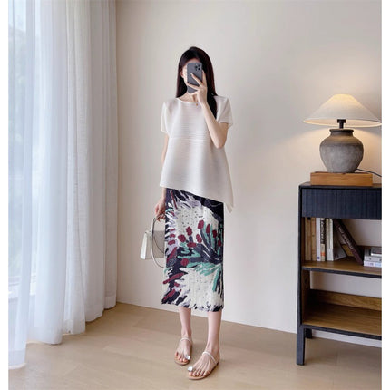Miyake Pleated Irregular Top Gorgeous Fireworks Printed Opening Midi Skirt Heavy Industry Pleated Straight Skirt Women