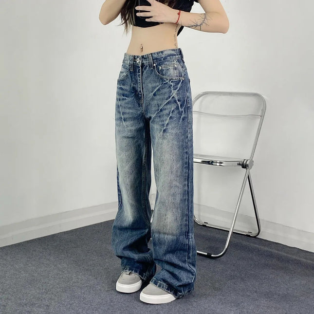 American High Street Washed Lightning Crack Blue Jeans for Women 2025 New Style Loose Straight Floor-Length Pants