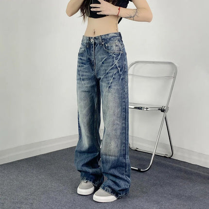 American High Street Washed Lightning Crack Blue Jeans for Women 2025 New Style Loose Straight Floor-Length Pants
