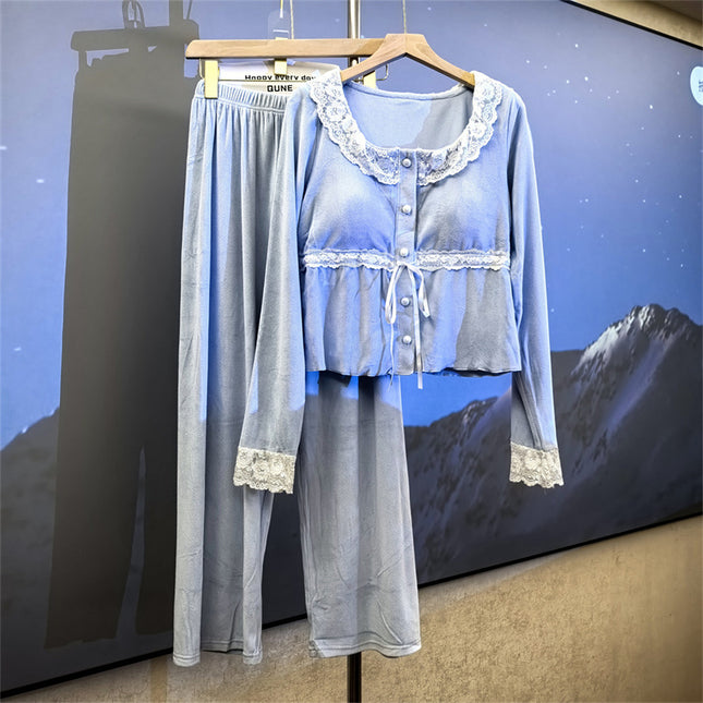 New Style Pajamas Women's Dummy French Style Spring and Autumn Island Velvet Belt Chest Pad Outer Wearing Warm suit Home Clothes Winter