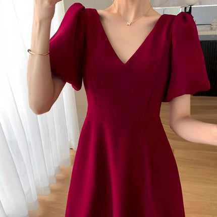 Large Size Chubby Girl French V-neck Hepburn Style Wine Red Dress Women's Summer Puff Sleeve Slim Belly Covering Long Dress