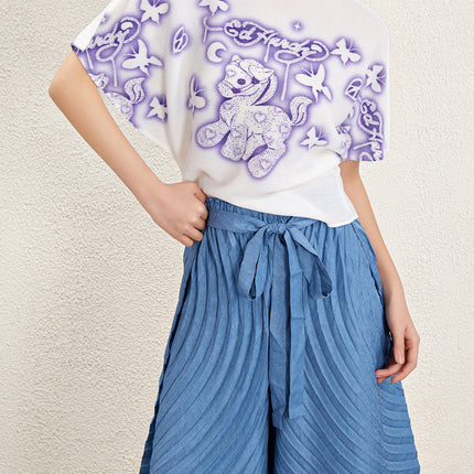 Designer Crewneck T-shirt Women's 2025 New Summer Pleated Cartoon Figure Printed Top Loose Thin T-shirt