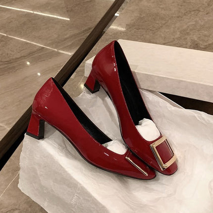 wine red Square Buckle Single-layer Shoes Women's Thick Heel Square Toe High Heel Stiletto Feet High-end French Elegant Flat Shoes
