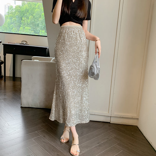Real shot 2024 spring and summer new eye-absorbing heavy-work sequins fishtail skirt long skirt high waist women