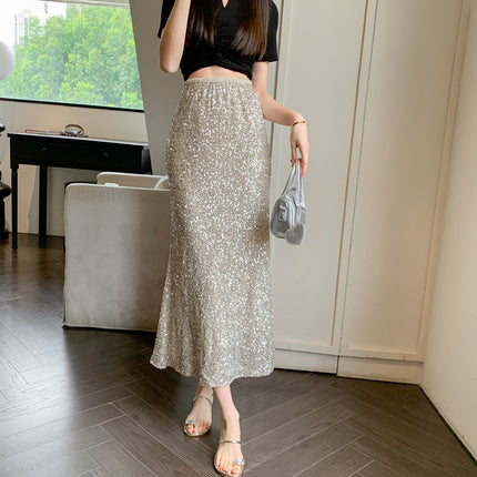 Real shot 2024 spring and summer new eye-absorbing heavy-work sequins fishtail skirt long skirt high waist women