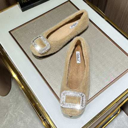 2025 Winter New Furry Shoes for Women, Winter Infrared Wear Fleece-Lined Bean Shoes, Black Cotton Scoop Shoes, Flats Warm Singles