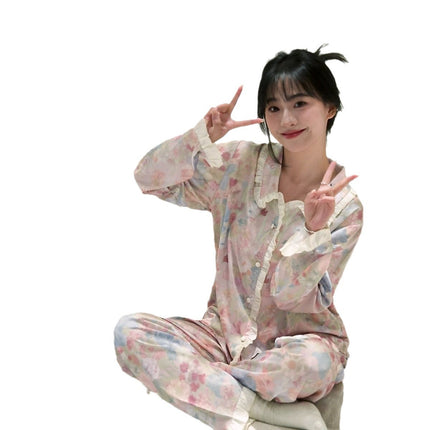New spring ice silk pajamas women's sweet [Secret Garden] long-sleeved trousers suit homewear can be worn outside