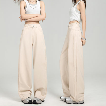Anti-Wrinkle Four-Way Stretch Ykk Loose Wide-Leg Pants Floral Summer Slimming Versatile Apricot Embossed Floor-Length Casual Jeans