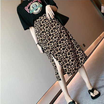 Slit Leopard Print Skirt Women's Summer 2021 New High Waist Slim Smocked Floral A-line Mid-length Hip Skirt
