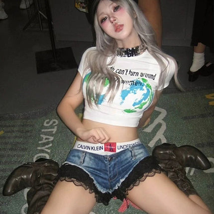 321 Hot Girl Style European and American Hot Girl Lace Splicing Low Waist Denim Shorts Women's Summer Slimming Hip Hot Pants