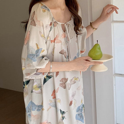 Mishiti Cotton Silk New Chinese Style Short-Sleeved Nightgown for Women, Summer Thin Style, National Style Cotton Silk Home Wear, Can Be Worn Outside