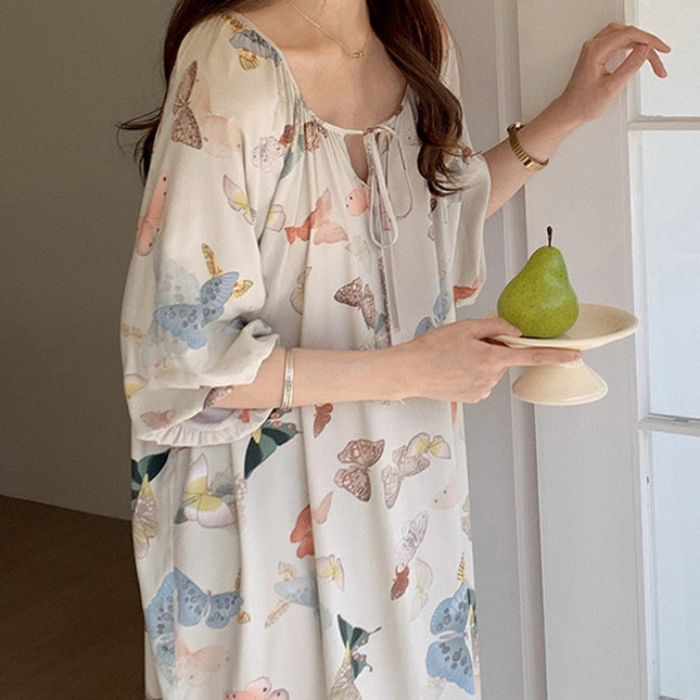 Mishiti Cotton Silk New Chinese Style Short-Sleeved Nightgown for Women, Summer Thin Style, National Style Cotton Silk Home Wear, Can Be Worn Outside