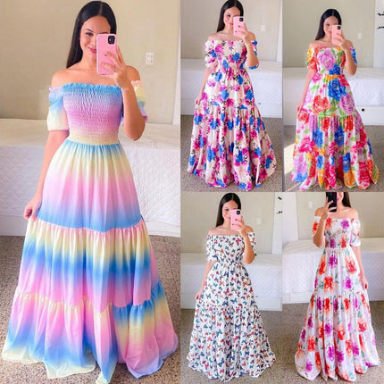 2025 cross-border new spring and summer European and American women's dress off-shoulder floral fashion off-shoulder long printed skirt