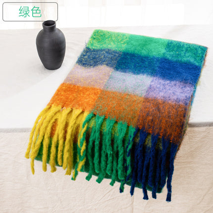 Autumn and winter European and American color matching AC cashmere thick tassel scarf rainbow plaid mohair warm female student plus