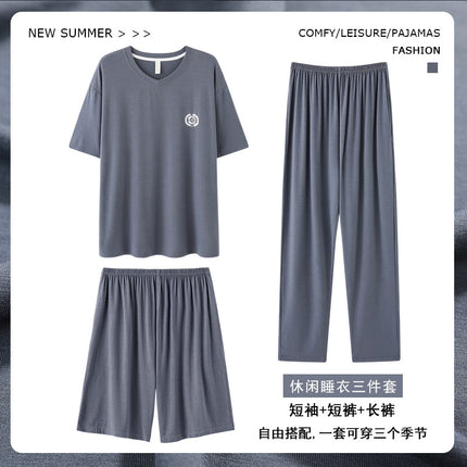 Summer Men's Pajamas Three-Piece Set Short-Sleeved Trousers Home Clothes Modal Shorts Casual Loose Plus Size Set