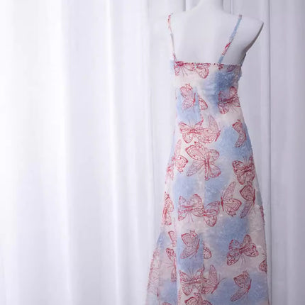 Butterfly Transformation Red/Apricot Print Dress Holiday Long and Short Suspender Skirt Fresh and Elegant Fashionable National Style