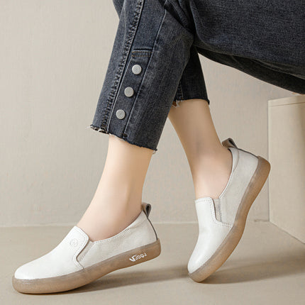 Genuine Leather Loafers for Women 2026 Spring/Summer Hollow Breathable White Shoes Women's Top-Layer Cowhide Shallow Mouth Single Shoes Mom Shoes