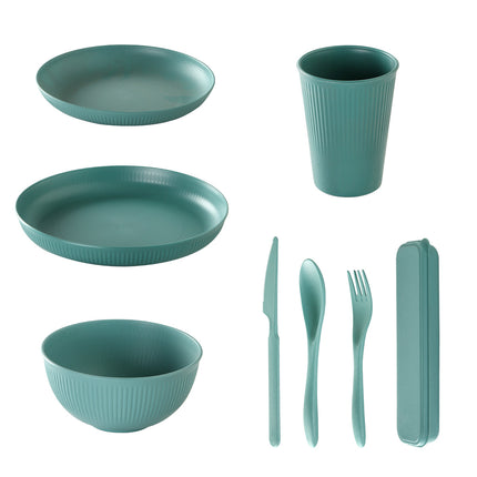 Amazon Special Wheat Straw Household Plastic Dinner Plate Round Rice Bowl Cup Spoon Fork Tableware Gift 16 Pieces suit