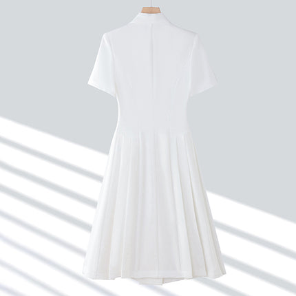 Spring and summer blue short-sleeved dress women's 2025 high-grade double-breasted professional suit collar mid-length skirt