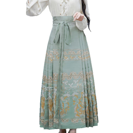 2025 Xiangyunsha Women's Chinese Style Hanfu Satin Water Green Wave Brocade Maqian Skirt One-Piece Half Skirt