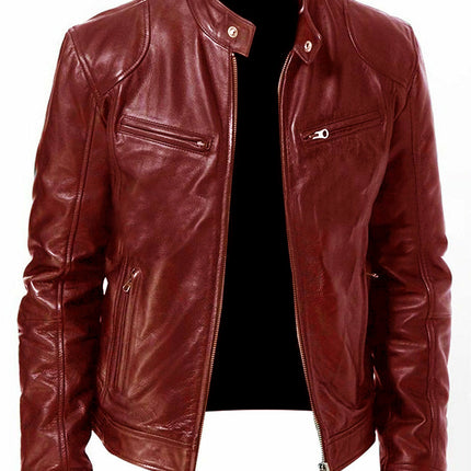 Foreign Trade Business Gentleman Warm Zipper Cardigan Pocket Decorative PU Leather Jacket Stand Collar Slim Fit Zipper Leather Jacket
