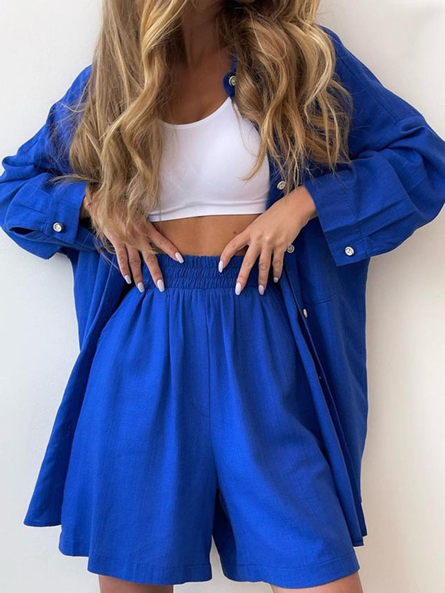 2024 spring European and American new solid color single breasted cotton and linen long sleeve shirt loose fashion casual shorts suit