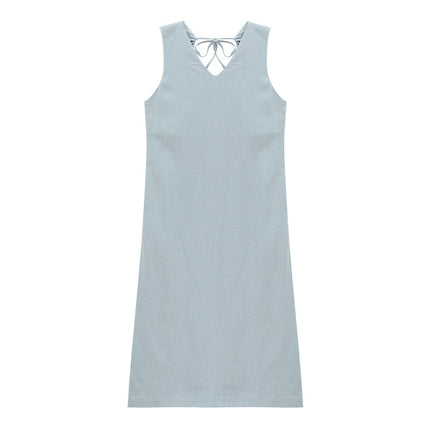 Love and Nancy Guangzhou Thirteen Lines Summer Original New Ramie V Neck Hollow Slit Smart Dress 22499
