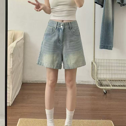 Retro Denim Shorts Women's Summer Thin Large Size Fat mm Pear-Shaped Figure High Waist Slimming Look Loose A-Line Wide Leg Pants
