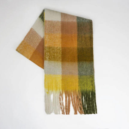 Autumn and winter European and American color matching AC cashmere thick tassel scarf rainbow plaid mohair warm female student plus