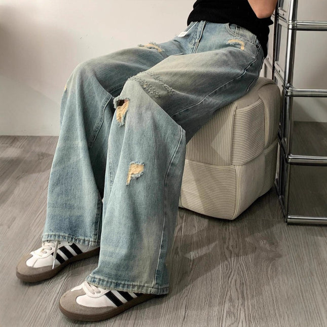 American Blue Ripped Straight Jeans for Women in Autum New High-Waisted Pear-Shaped Figure Slimming Look Loose Wide-Leg Pants