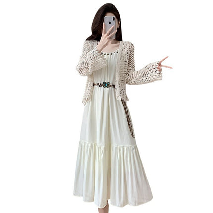 Bohemian Retro Salt-Style Design Suspender Dress with Hollow-Out Sun Protection Shirt Two-Piece Set 2026 Summer New Model