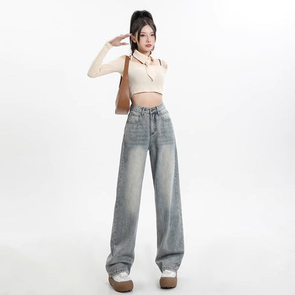 Vintage Blue High Waist Wide Leg Jeans Women's Trendy All-match New Loose Slimming Casual Straight Floor Long Pants