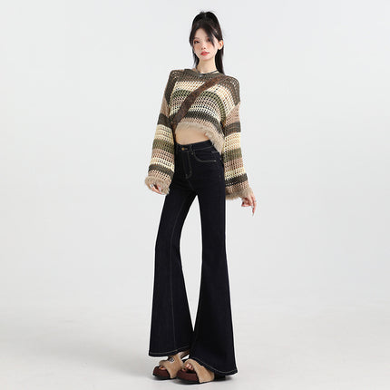 Bumi House American-style Tannin Micro-blared Jeans Women's New Spice Girl High Waist Slim-fit Button Pocket Slim-fit Flare Pants